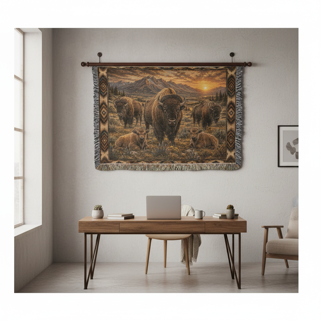 American Bison Woven Blanket | Rustic Western Throw | Buffalo Prairie Sunset Decor | Wildlife Cabin Gift
