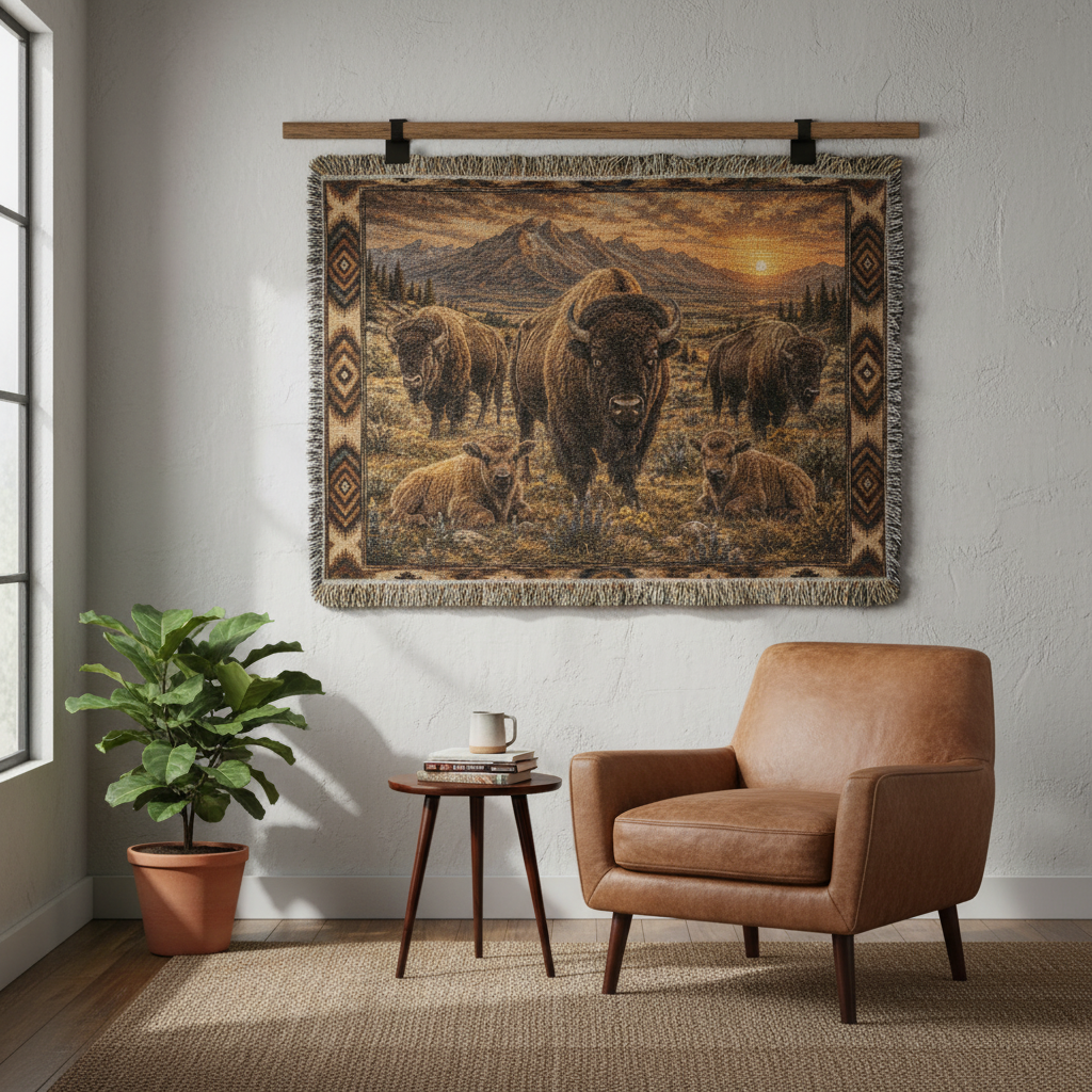 American Bison Woven Blanket | Rustic Western Throw | Buffalo Prairie Sunset Decor | Wildlife Cabin Gift