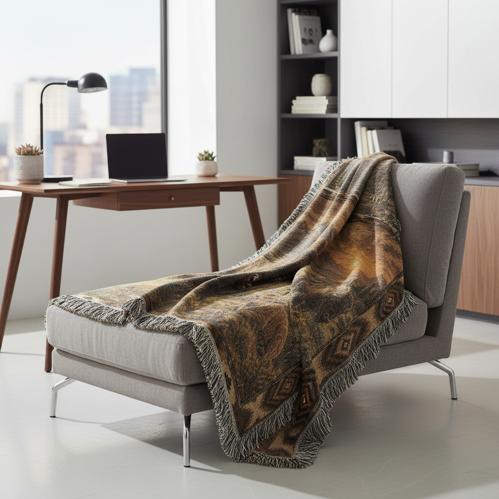 American Bison Woven Blanket | Rustic Western Throw | Buffalo Prairie Sunset Decor | Wildlife Cabin Gift