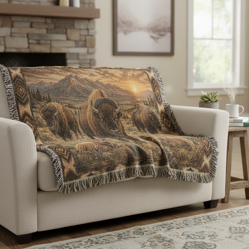 American Bison Woven Blanket | Rustic Western Throw | Buffalo Prairie Sunset Decor | Wildlife Cabin Gift