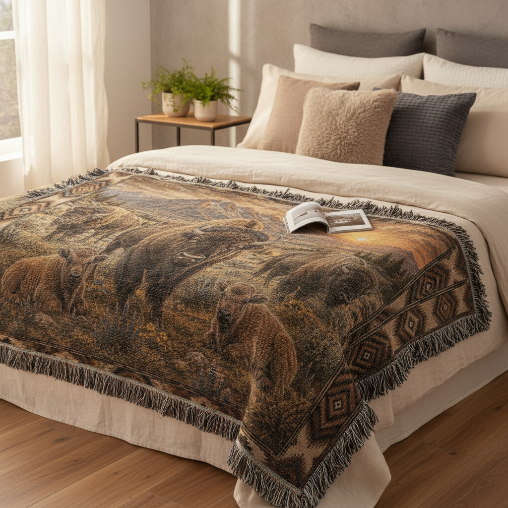 American Bison Woven Blanket | Rustic Western Throw | Buffalo Prairie Sunset Decor | Wildlife Cabin Gift