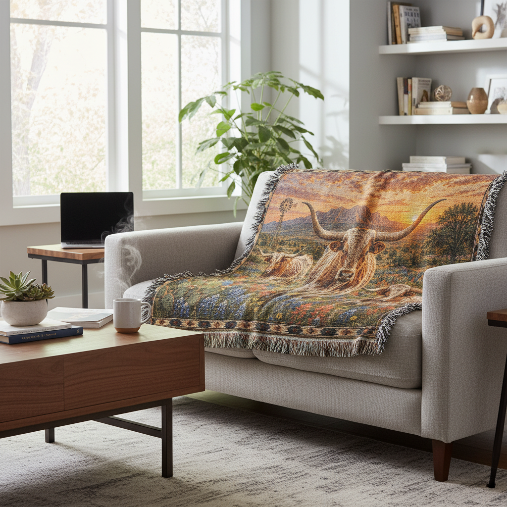 Texas Longhorn Bluebonnet Sunset Woven Blanket | Western Ranch Rustic Farmhouse Throw