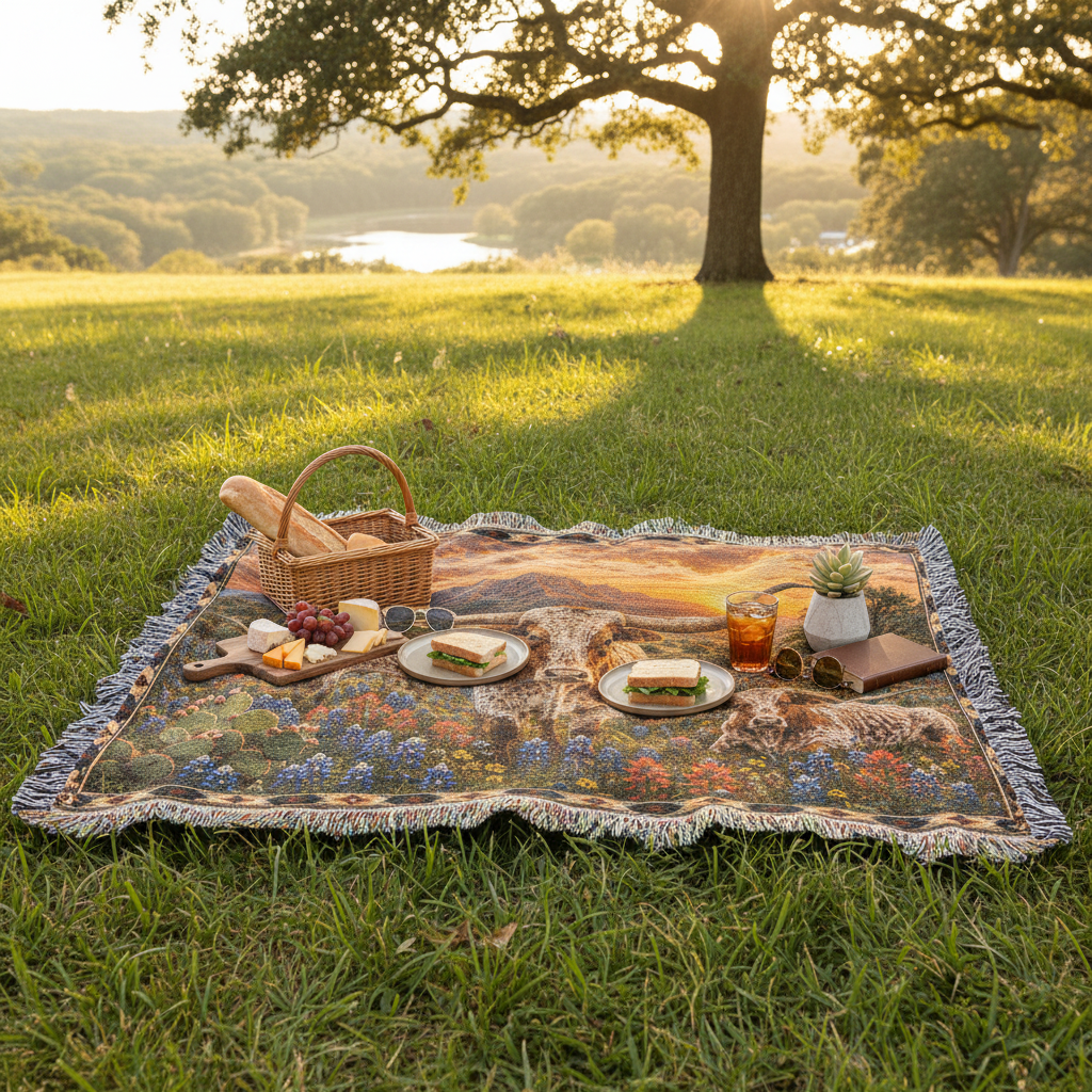 Texas Longhorn Bluebonnet Sunset Woven Blanket | Western Ranch Rustic Farmhouse Throw