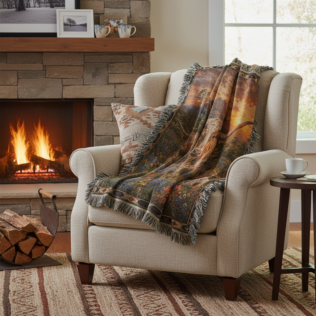 Texas Longhorn Bluebonnet Sunset Woven Blanket | Western Ranch Rustic Farmhouse Throw