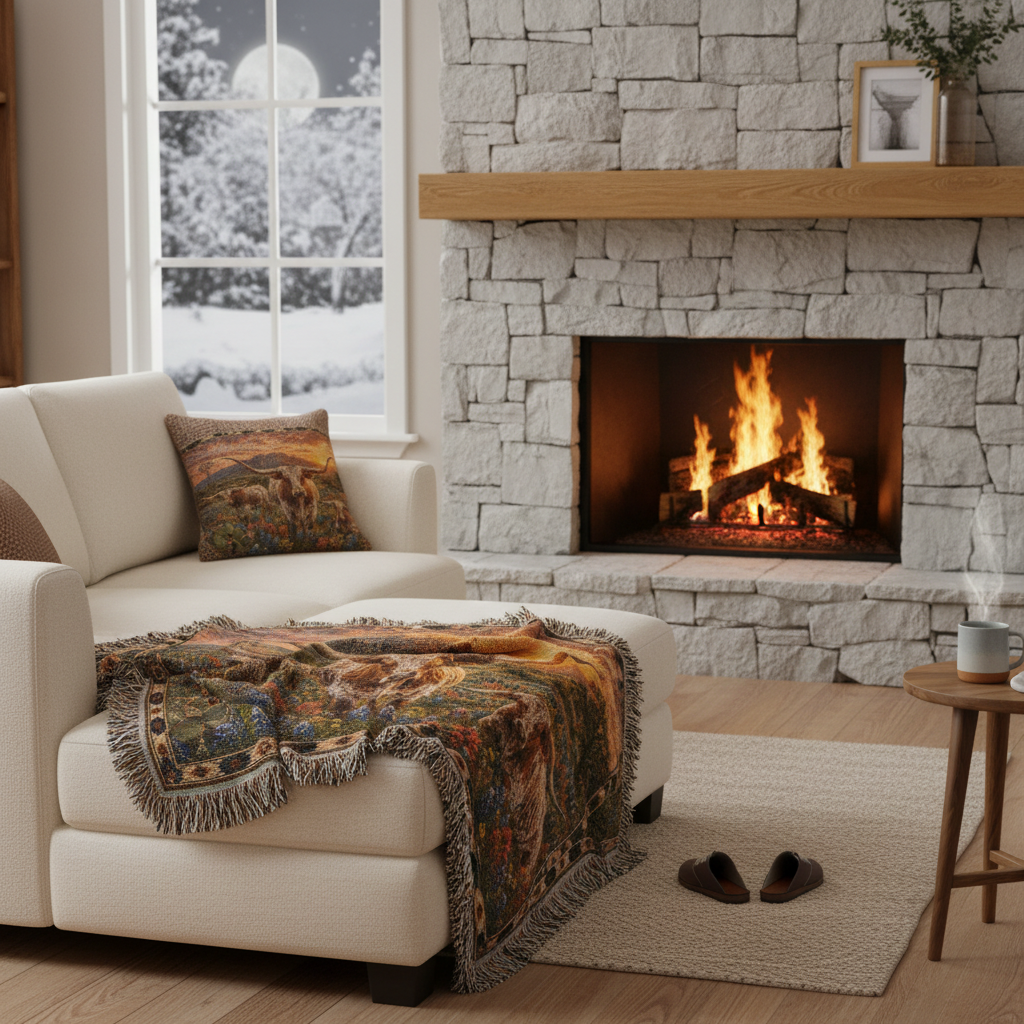 Texas Longhorn Bluebonnet Sunset Woven Blanket | Western Ranch Rustic Farmhouse Throw