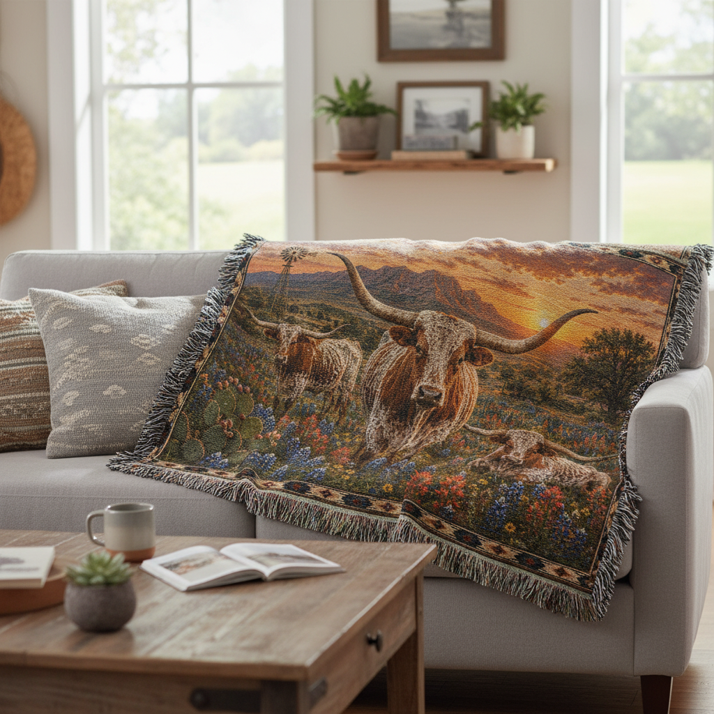 Texas Longhorn Bluebonnet Sunset Woven Blanket | Western Ranch Rustic Farmhouse Throw