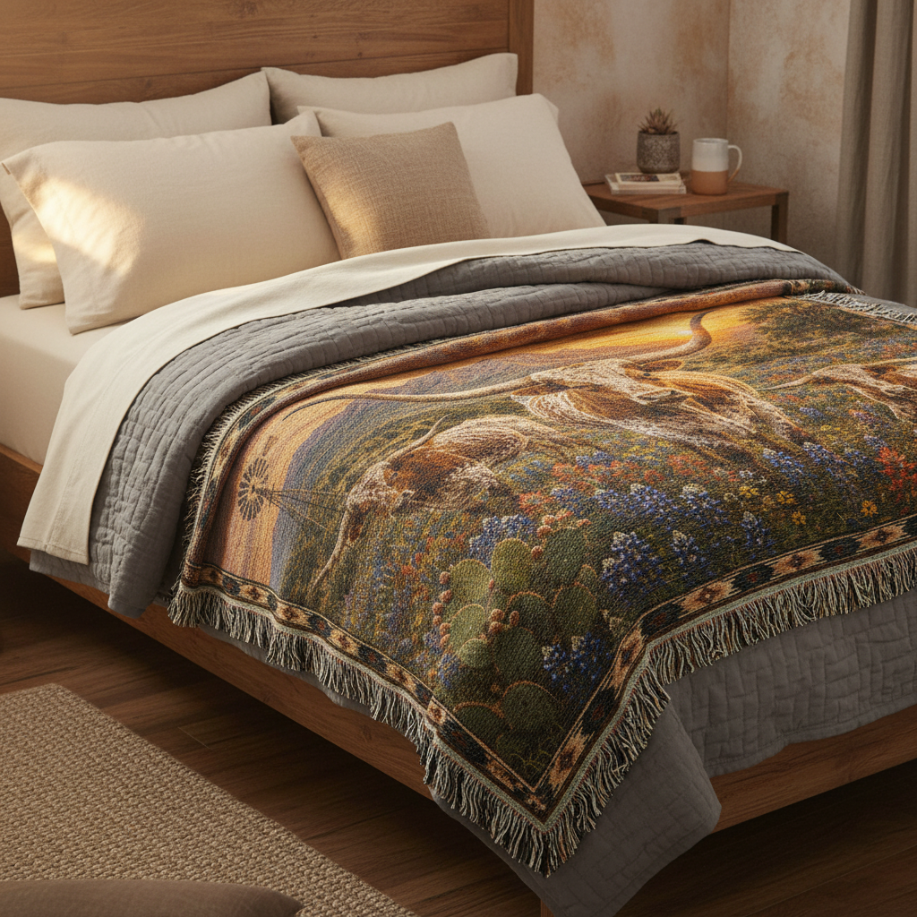 Texas Longhorn Bluebonnet Sunset Woven Blanket | Western Ranch Rustic Farmhouse Throw