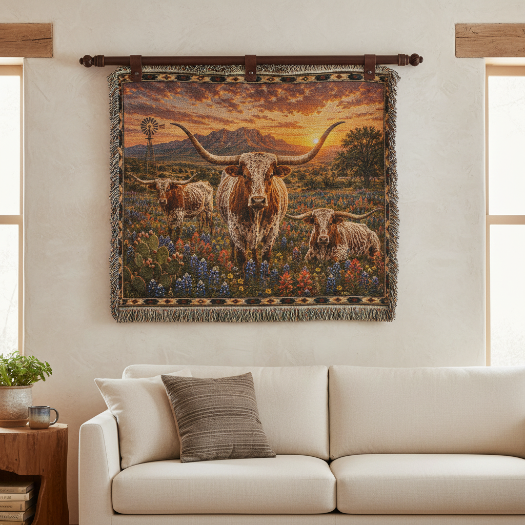 Texas Longhorn Bluebonnet Sunset Woven Blanket | Western Ranch Rustic Farmhouse Throw