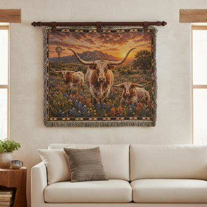 Texas Longhorn Bluebonnet Woven Blanket | Western Ranch Gift