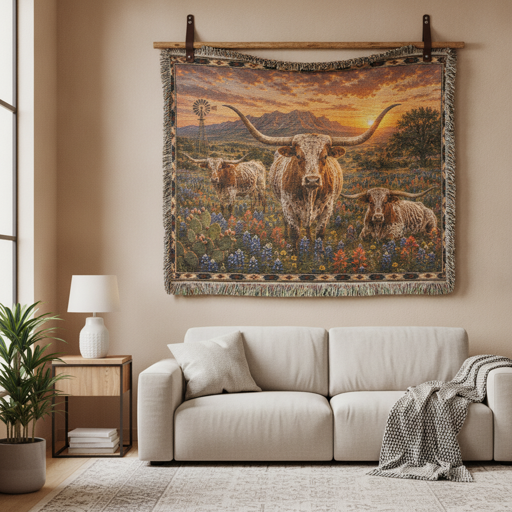 Texas Longhorn Bluebonnet Sunset Woven Blanket | Western Ranch Rustic Farmhouse Throw
