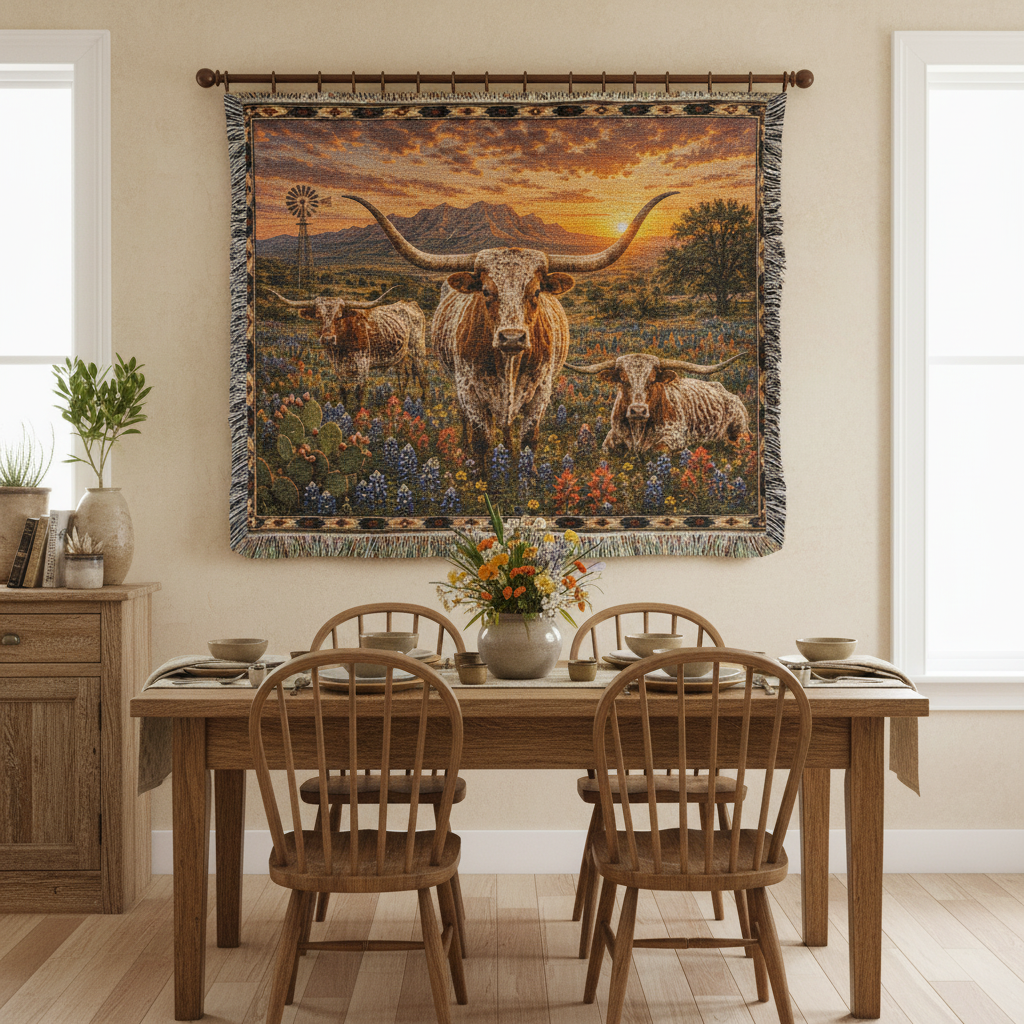 Texas Longhorn Bluebonnet Sunset Woven Blanket | Western Ranch Rustic Farmhouse Throw