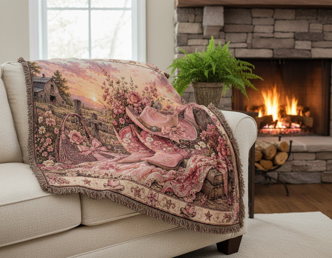 Pink Cowgirl Coquette Blanket – Floral Western Boots & Bows Woven Throw