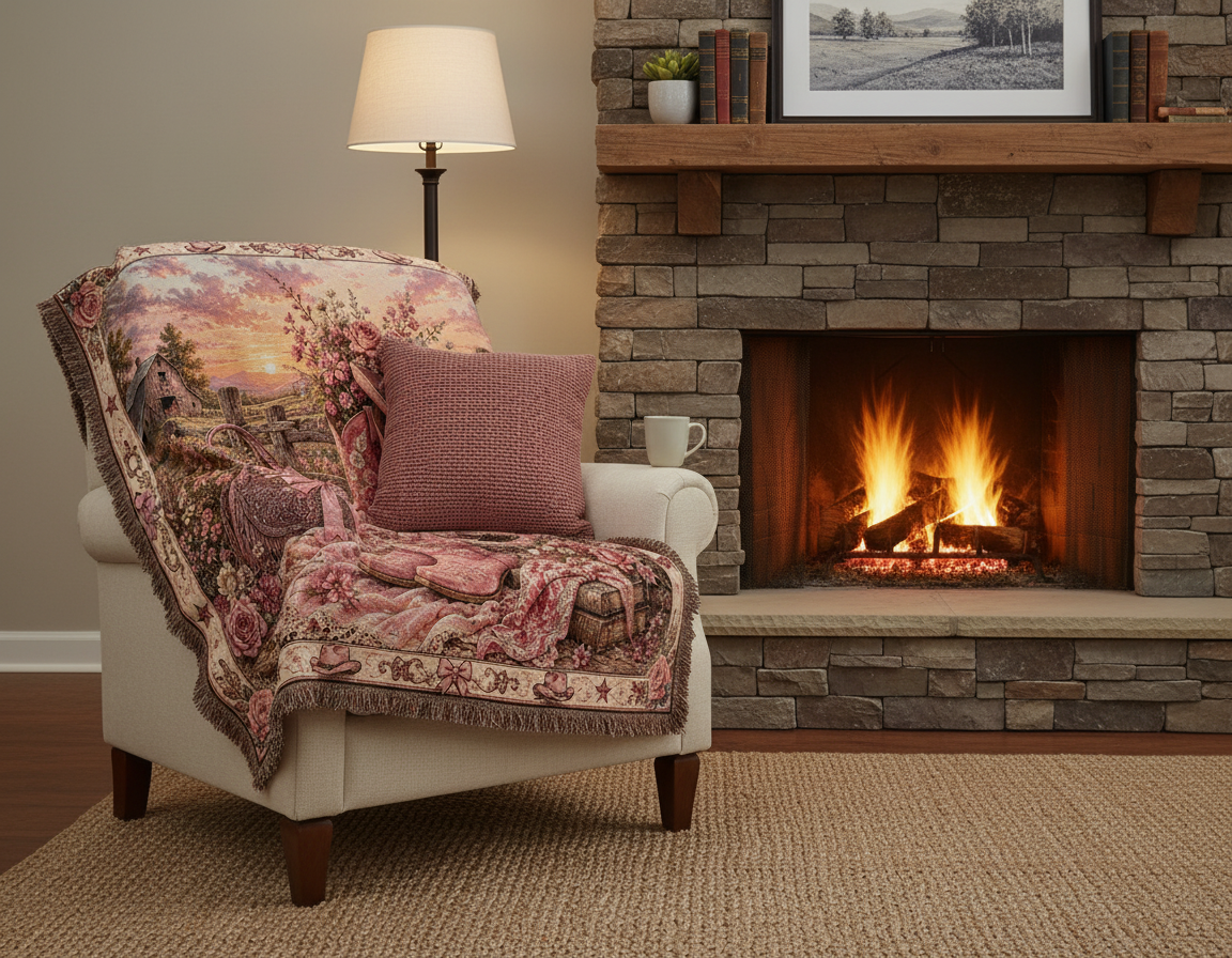 Pink Cowgirl Coquette Blanket – Floral Western Boots & Bows Woven Throw
