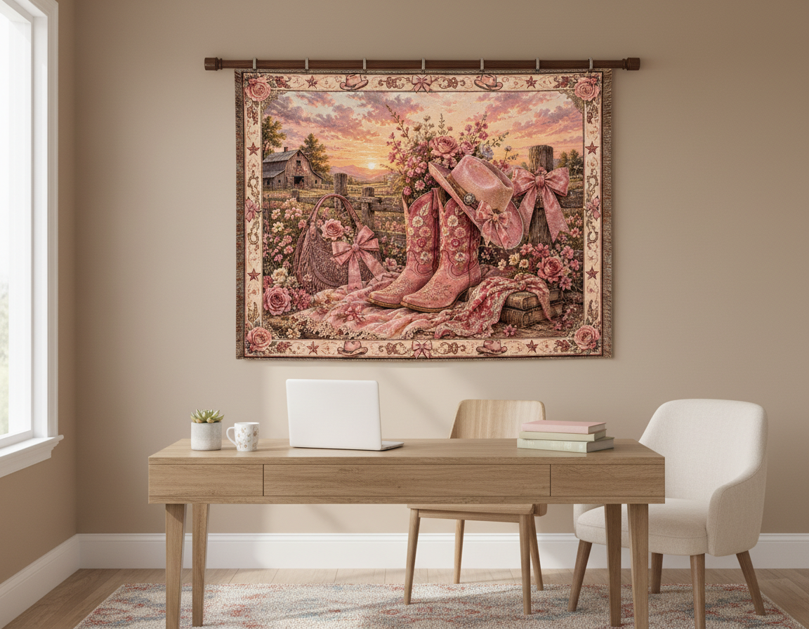 Pink Cowgirl Coquette Blanket – Floral Western Boots & Bows Woven Throw