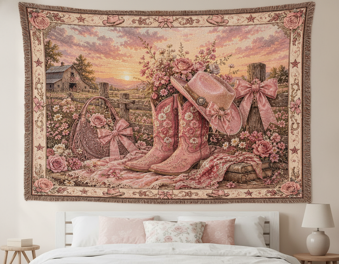 Pink Cowgirl Coquette Blanket – Floral Western Boots & Bows Woven Throw