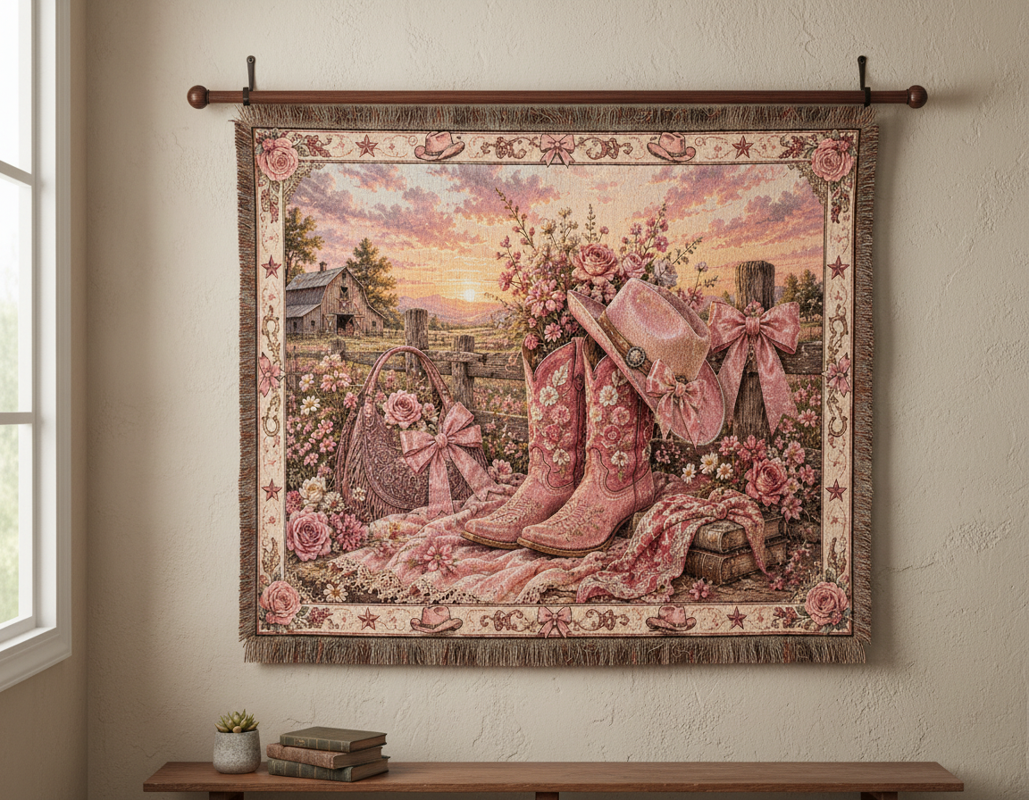Pink Cowgirl Coquette Blanket – Floral Western Boots & Bows Woven Throw
