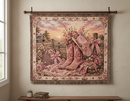 Pink Cowgirl Coquette Woven Blanket | Floral Western Throw