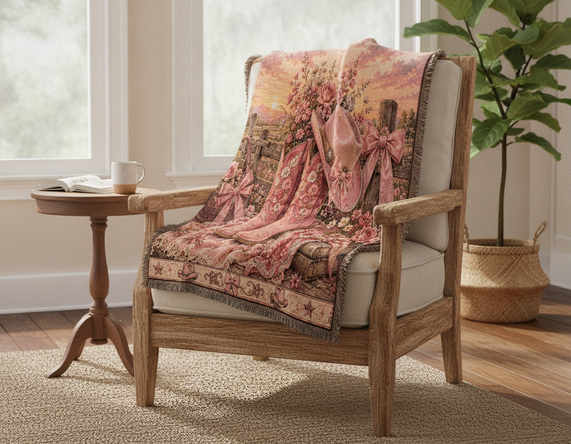 Pink Cowgirl Coquette Blanket – Floral Western Boots & Bows Woven Throw