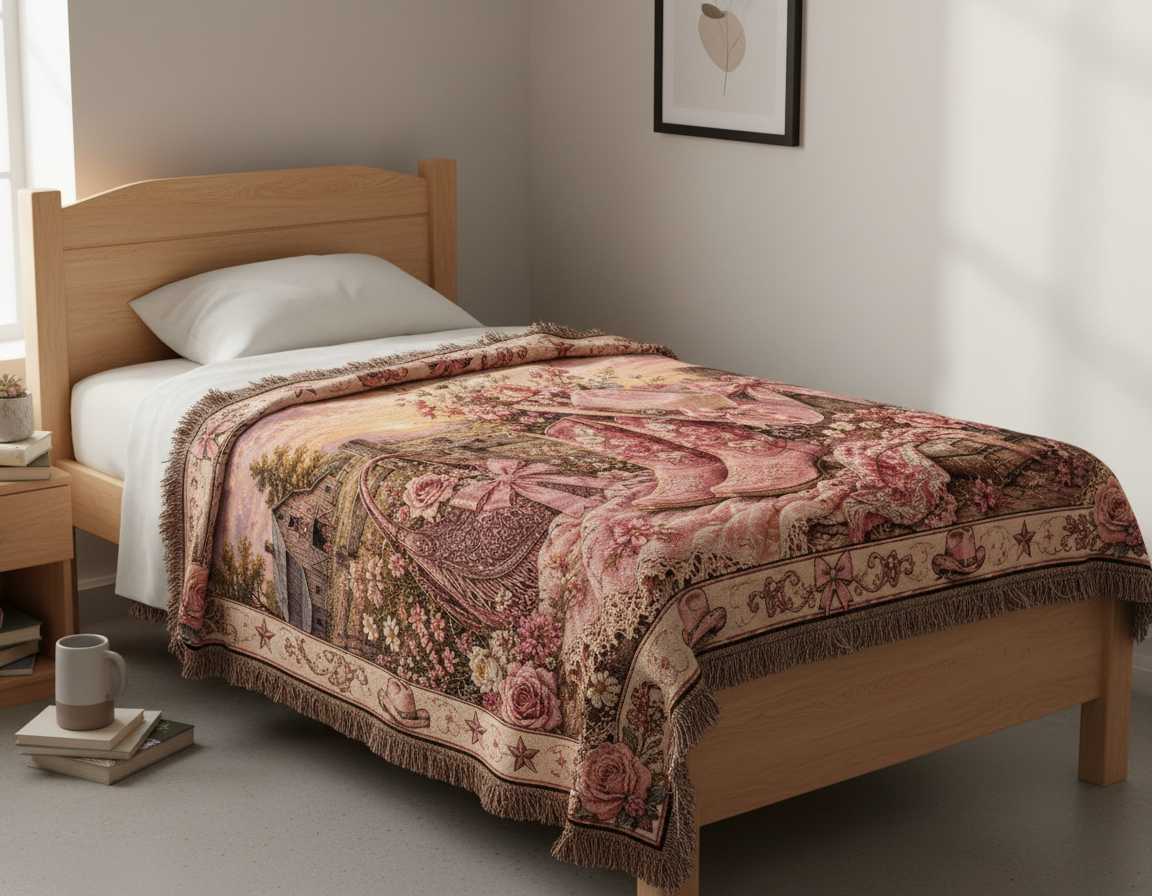 Pink Cowgirl Coquette Blanket – Floral Western Boots & Bows Woven Throw