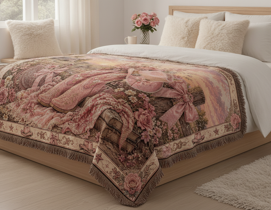 Pink Cowgirl Coquette Blanket – Floral Western Boots & Bows Woven Throw