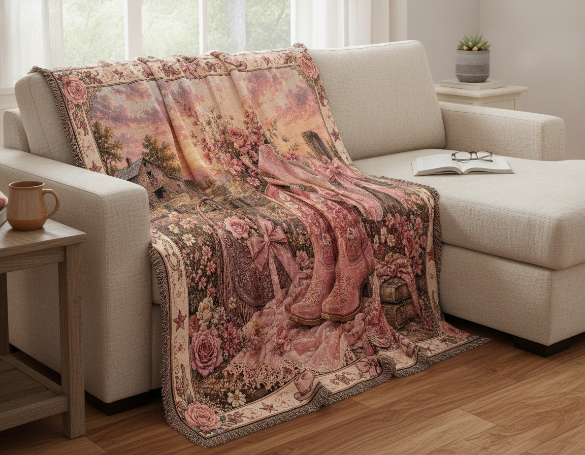 Pink Cowgirl Coquette Blanket – Floral Western Boots & Bows Woven Throw