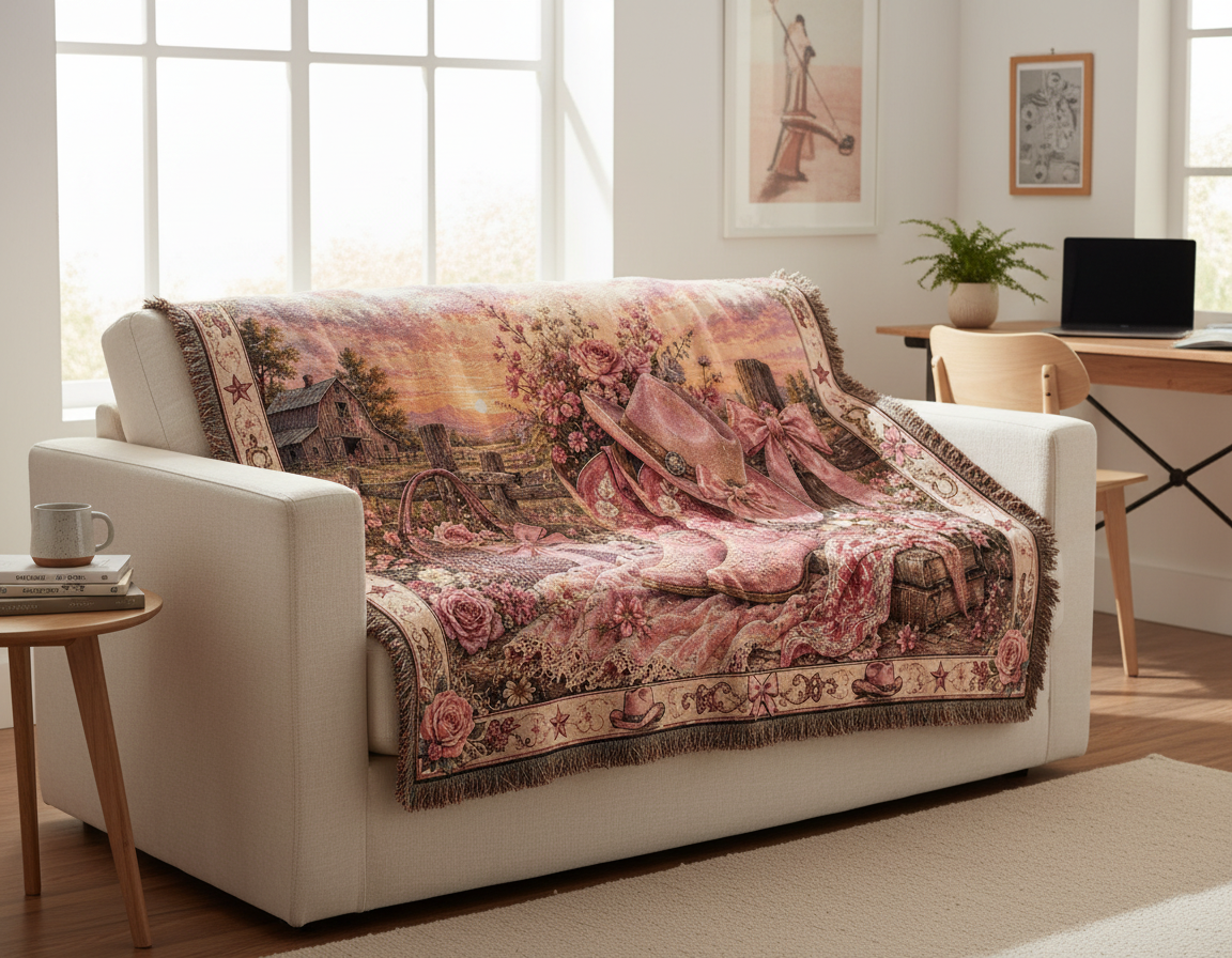 Pink Cowgirl Coquette Blanket – Floral Western Boots & Bows Woven Throw