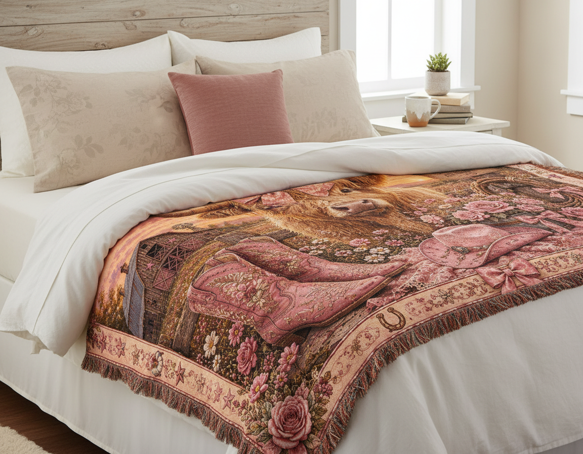 Highland Cow Coquette Blanket – Pink Western Floral Cowgirl Woven Throw