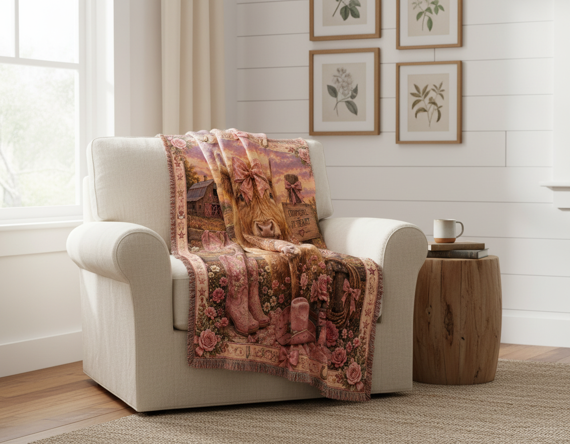 Highland Cow Coquette Blanket – Pink Western Floral Cowgirl Woven Throw