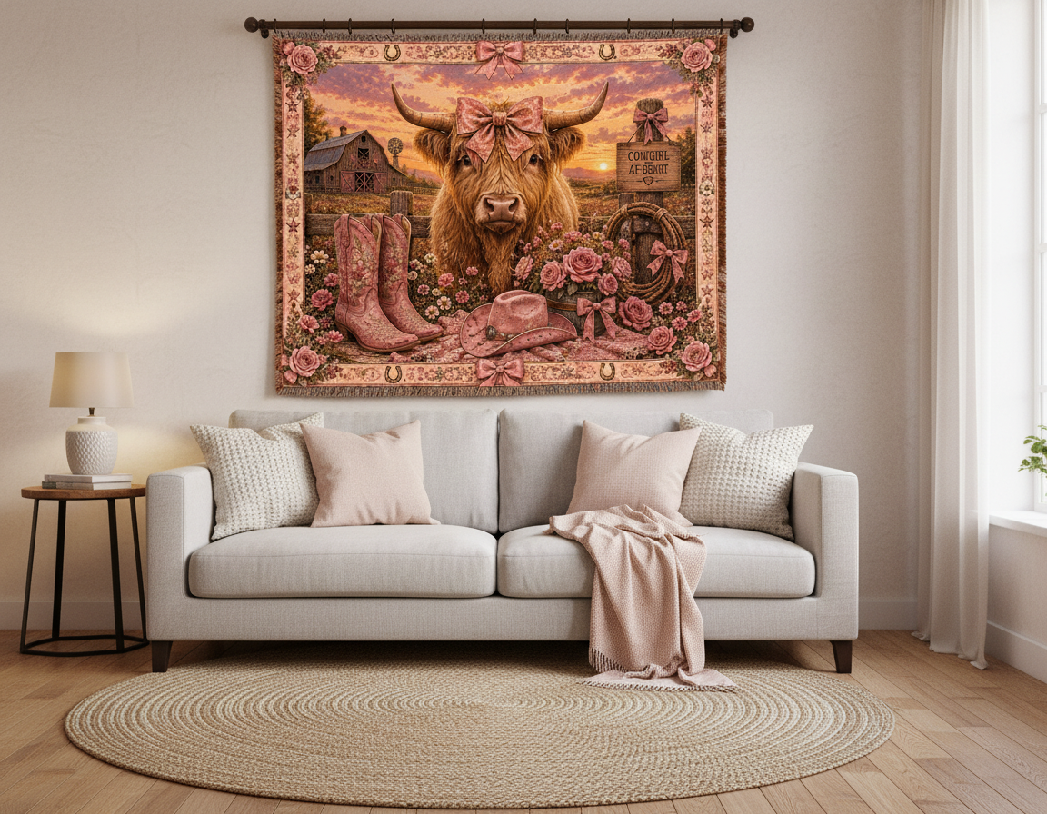 Highland Cow Coquette Blanket – Pink Western Floral Cowgirl Woven Throw