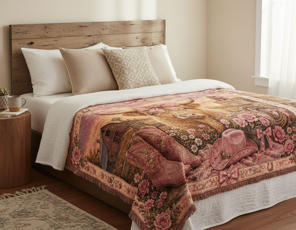 Highland Cow Coquette Blanket – Pink Western Floral Cowgirl Woven Throw