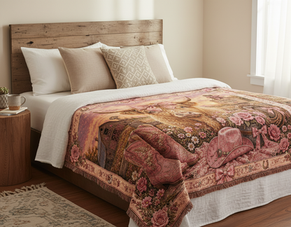 Highland Cow Coquette Woven Blanket | Pink Western Throw