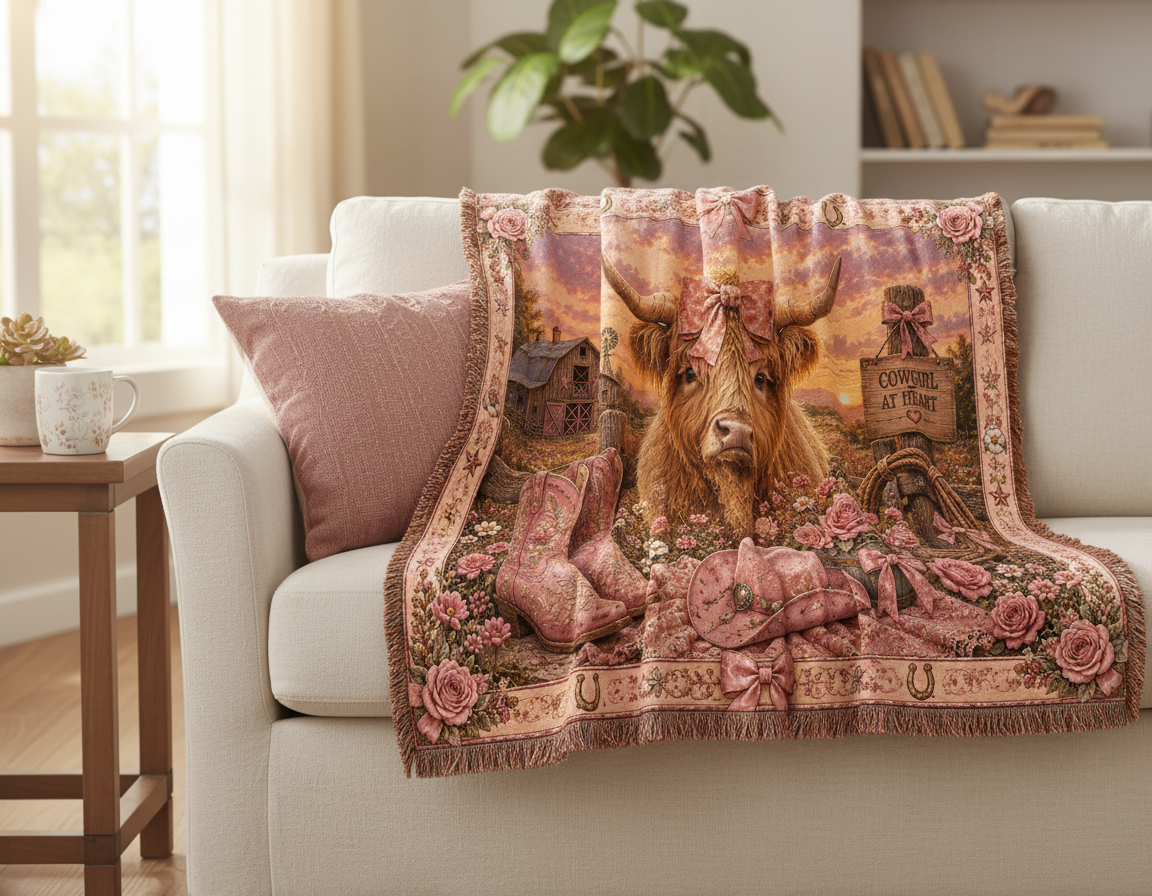 Highland Cow Coquette Blanket – Pink Western Floral Cowgirl Woven Throw