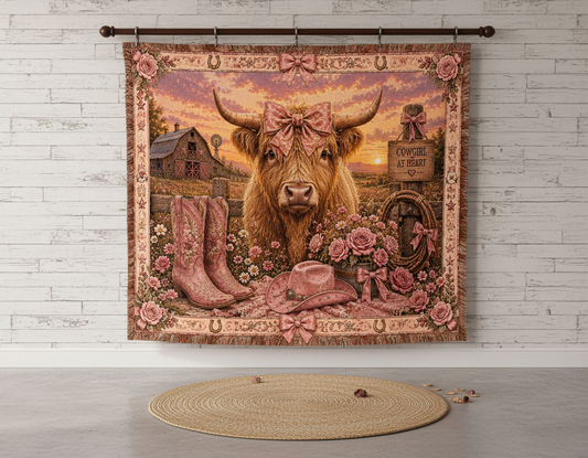 Highland Cow Coquette Blanket – Pink Western Floral Cowgirl Woven Throw