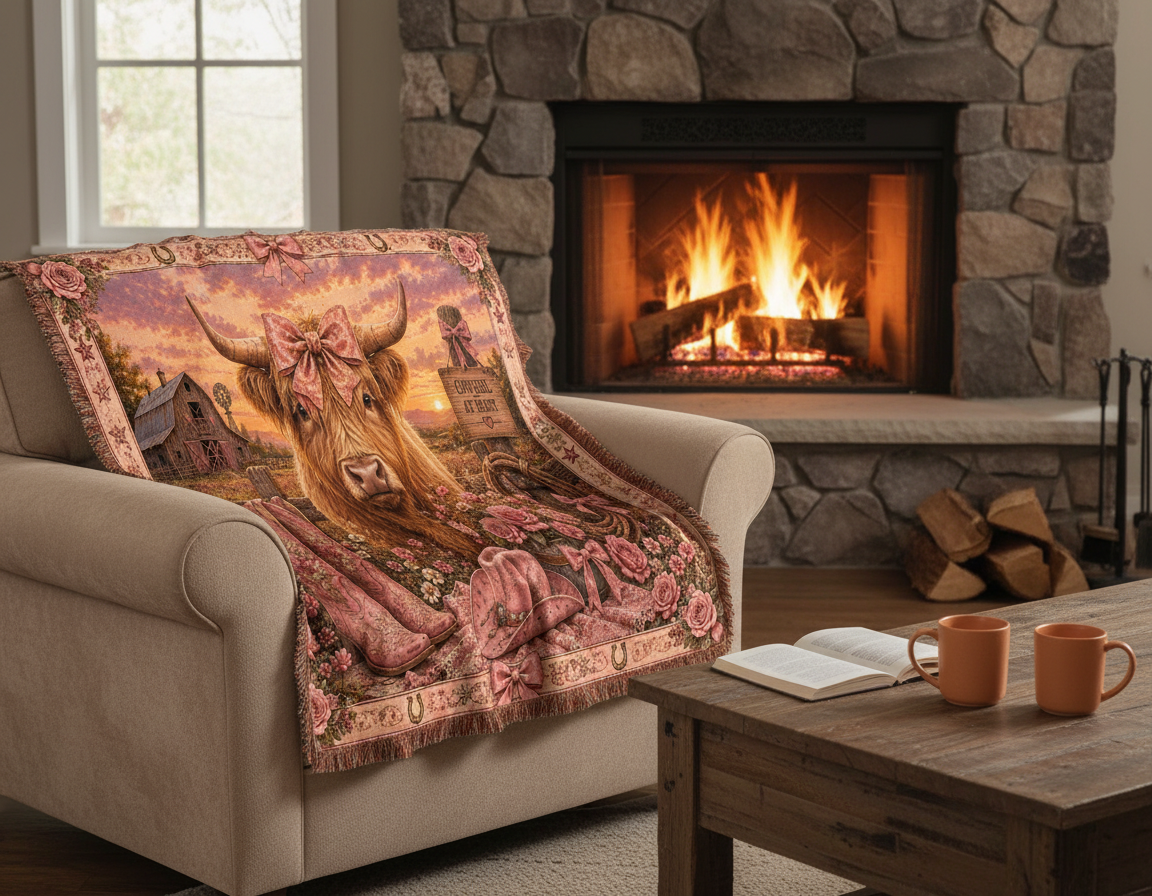 Highland Cow Coquette Blanket – Pink Western Floral Cowgirl Woven Throw
