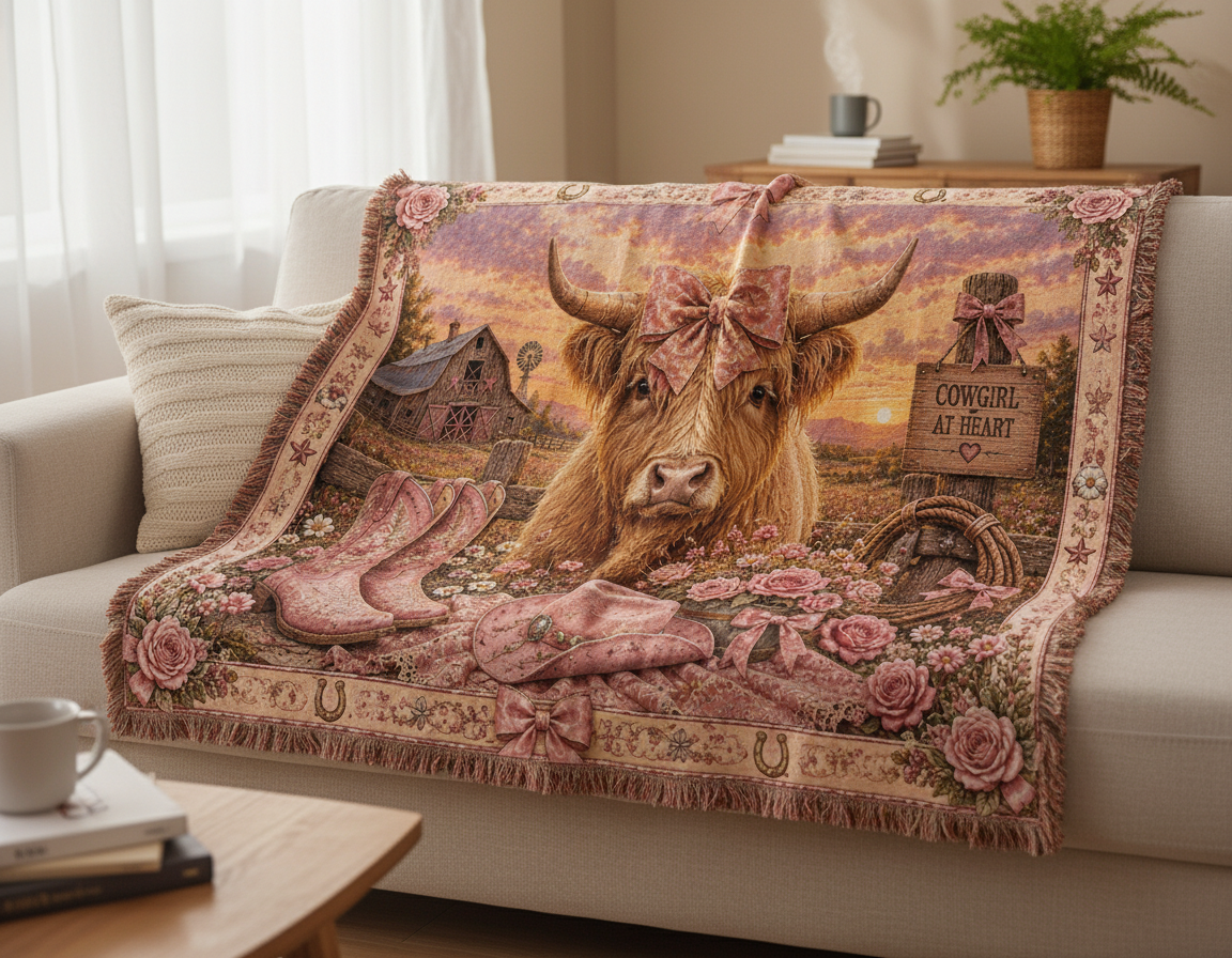 Highland Cow Coquette Blanket – Pink Western Floral Cowgirl Woven Throw