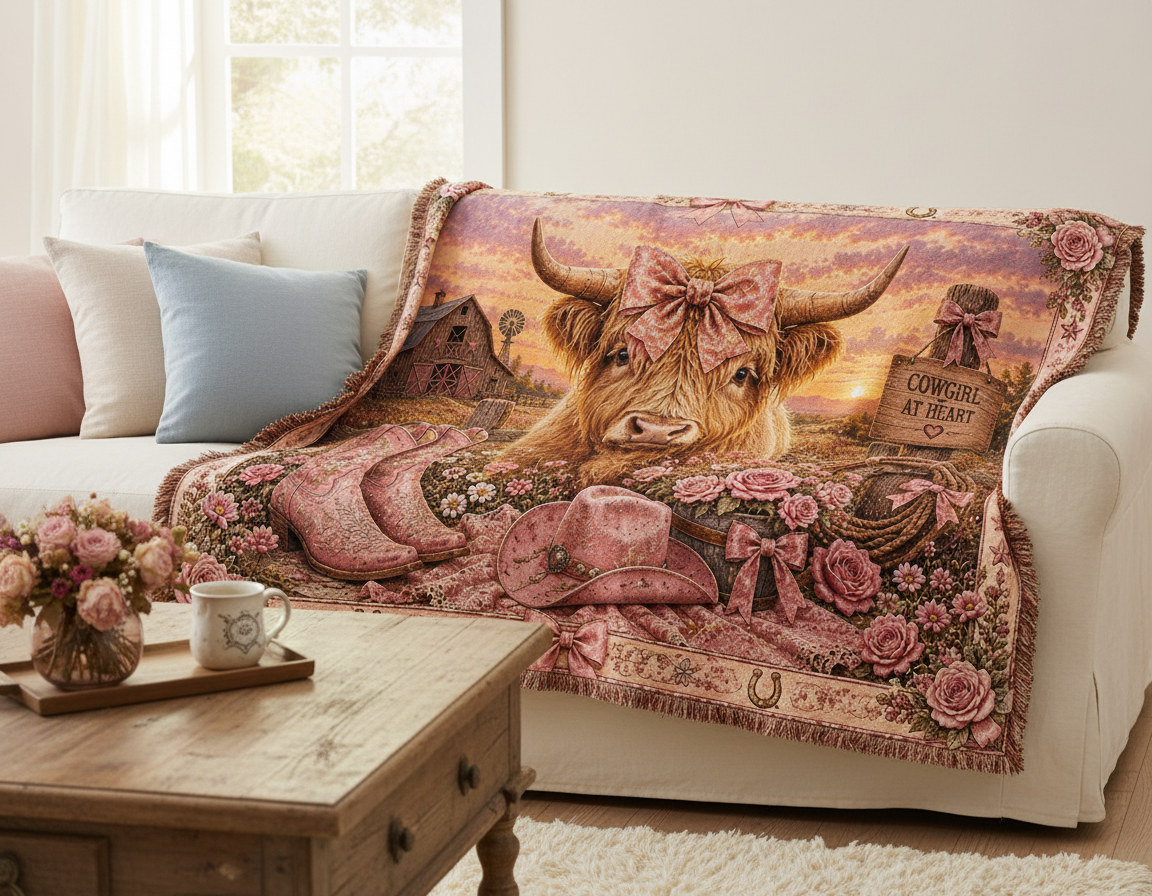 Highland Cow Coquette Blanket – Pink Western Floral Cowgirl Woven Throw