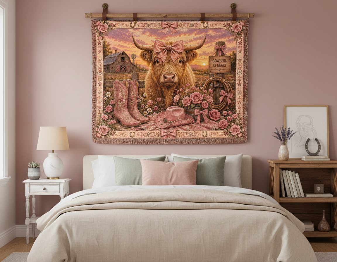 Highland Cow Coquette Blanket – Pink Western Floral Cowgirl Woven Throw
