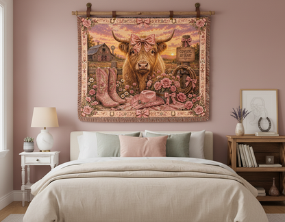 Highland Cow Coquette Woven Blanket | Pink Western Throw