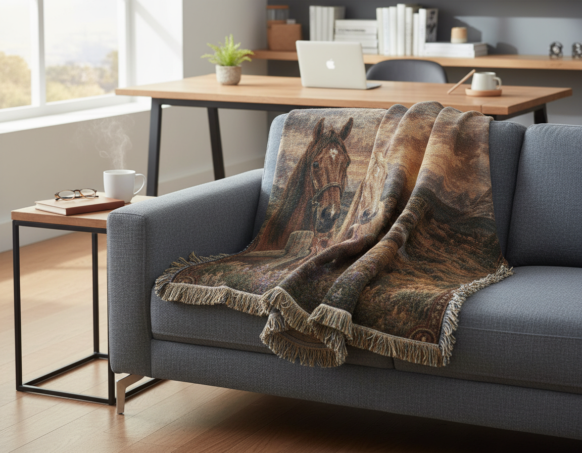 Western Horse & Saddle Throw | Rustic Ranch Decor | Mountain Sunset Blanket | Cowboy Gift