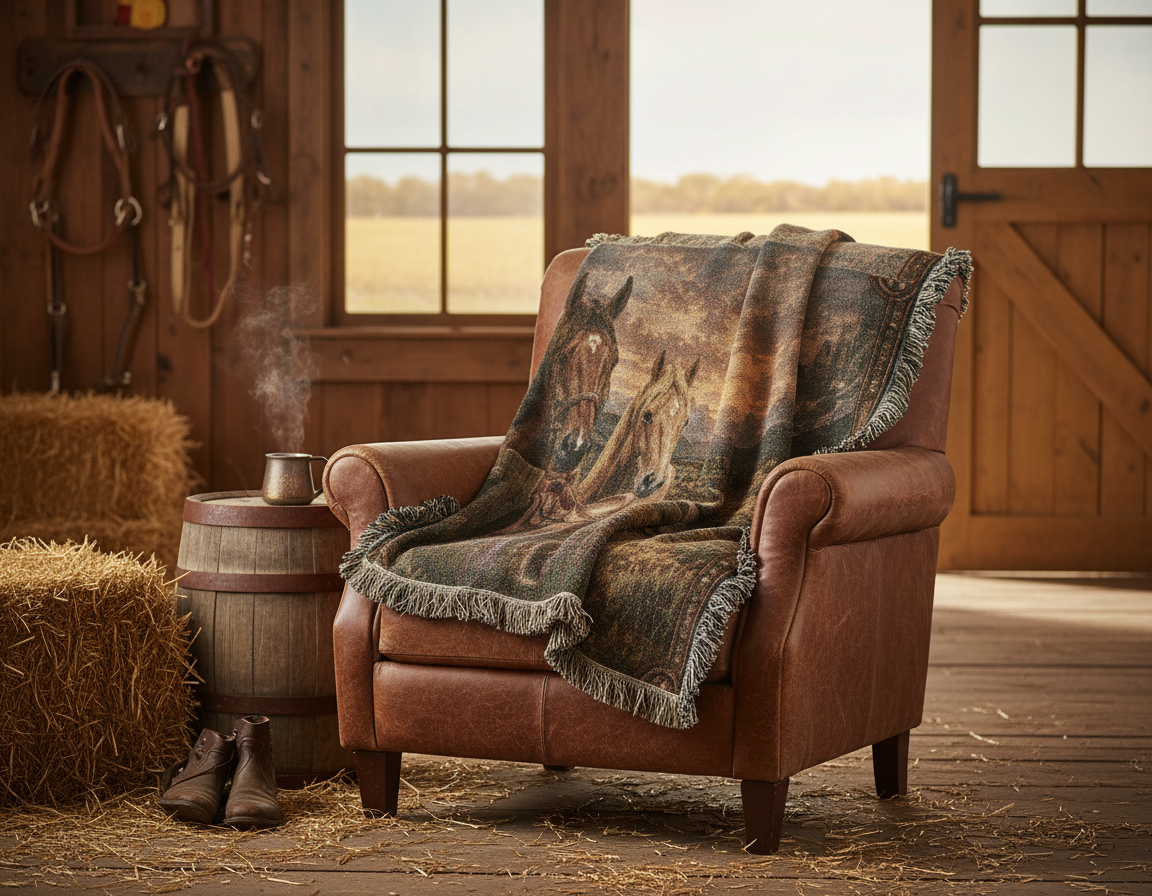 Western Horse & Saddle Throw | Rustic Ranch Decor | Mountain Sunset Blanket | Cowboy Gift