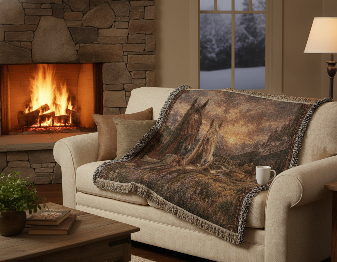 Western Horse & Saddle Throw | Rustic Ranch Decor | Mountain Sunset Blanket | Cowboy Gift