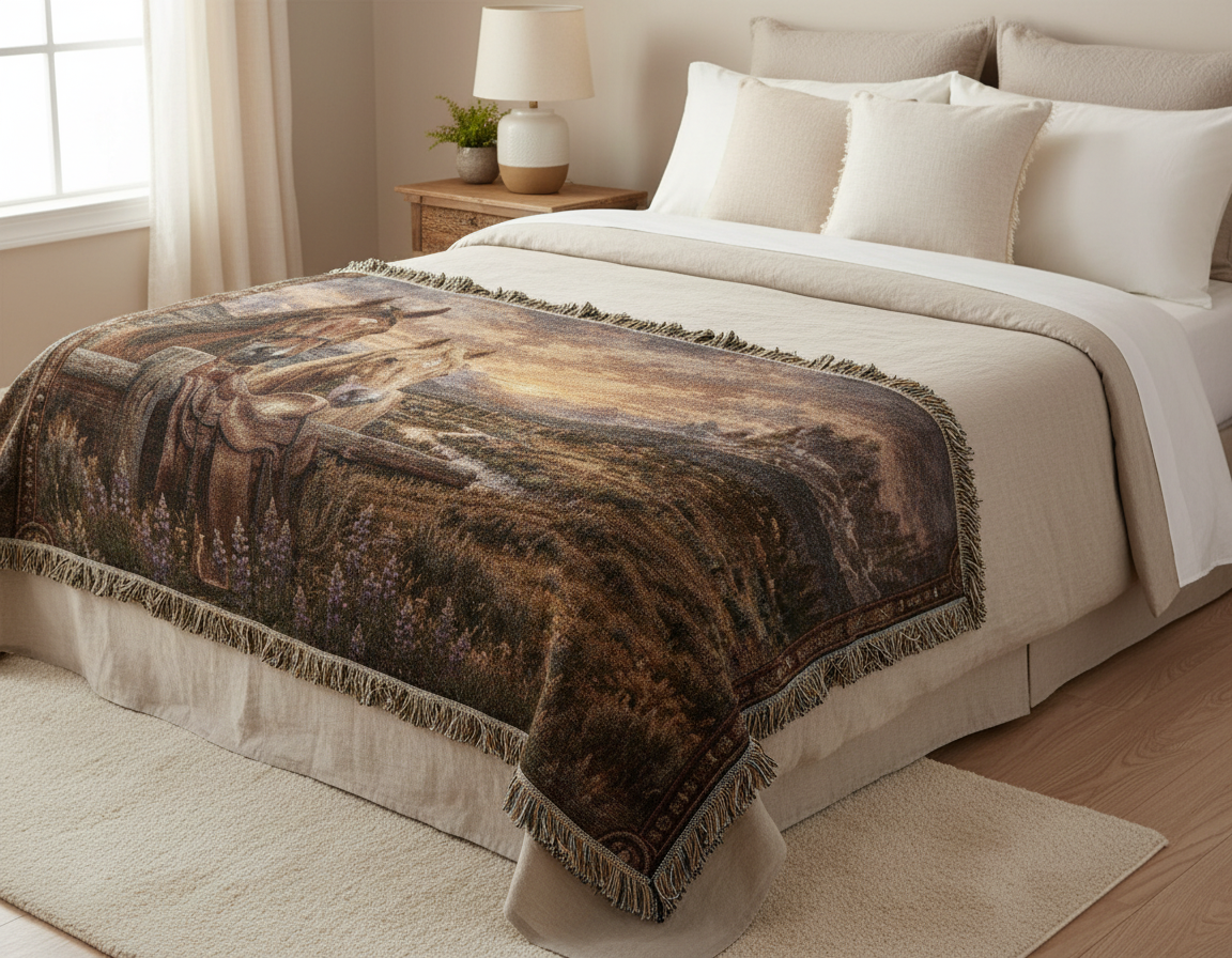 Western Horse & Saddle Throw | Rustic Ranch Decor | Mountain Sunset Blanket | Cowboy Gift