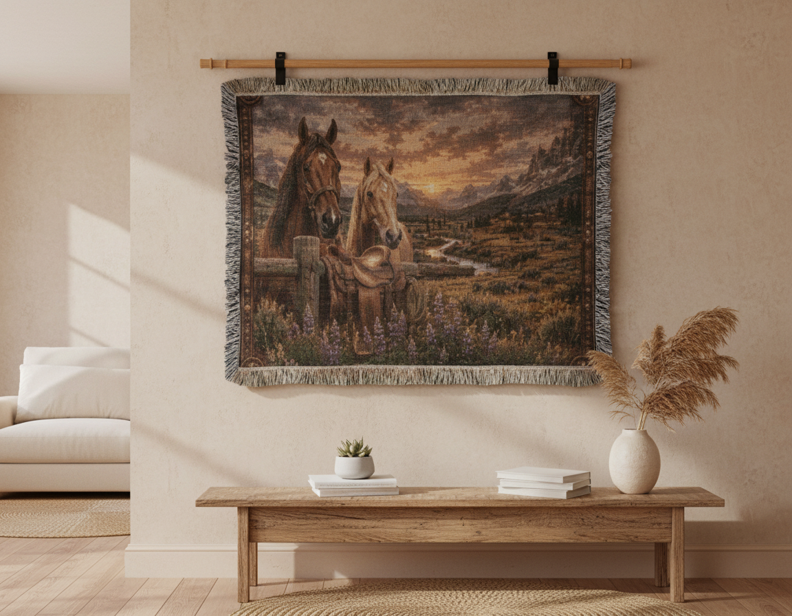 Western Horse & Saddle Throw | Rustic Ranch Decor | Mountain Sunset Blanket | Cowboy Gift