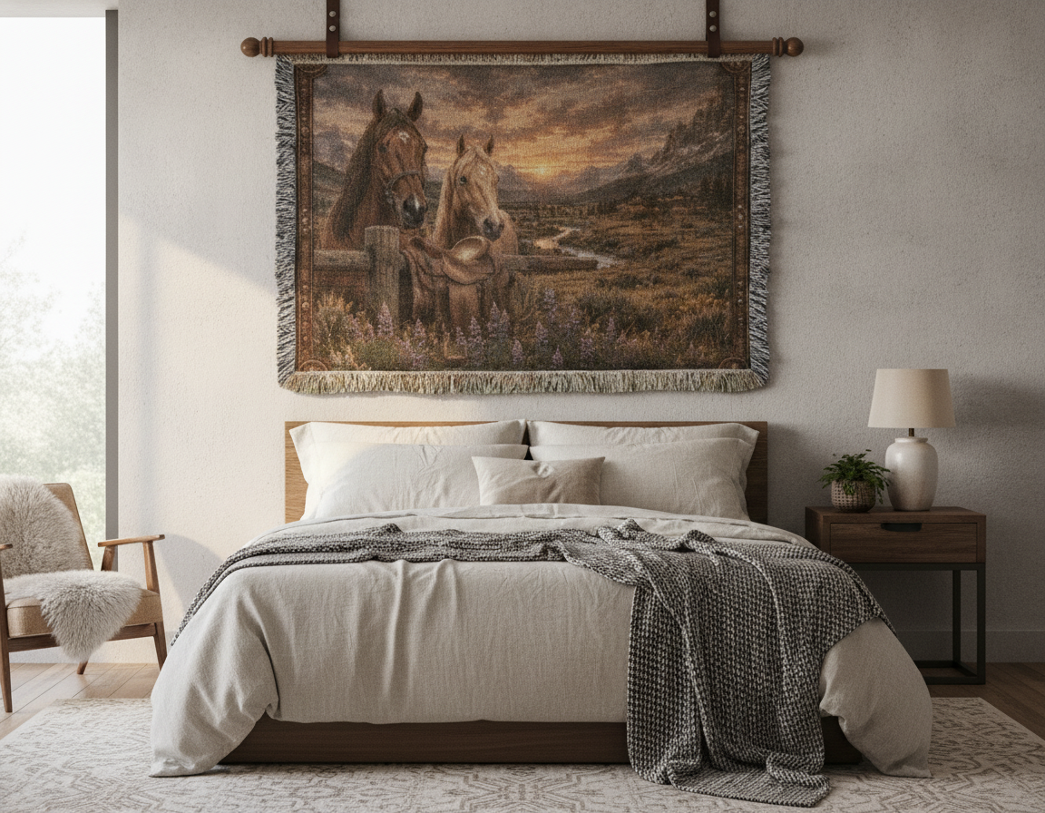 Western Horse & Saddle Throw | Rustic Ranch Decor | Mountain Sunset Blanket | Cowboy Gift