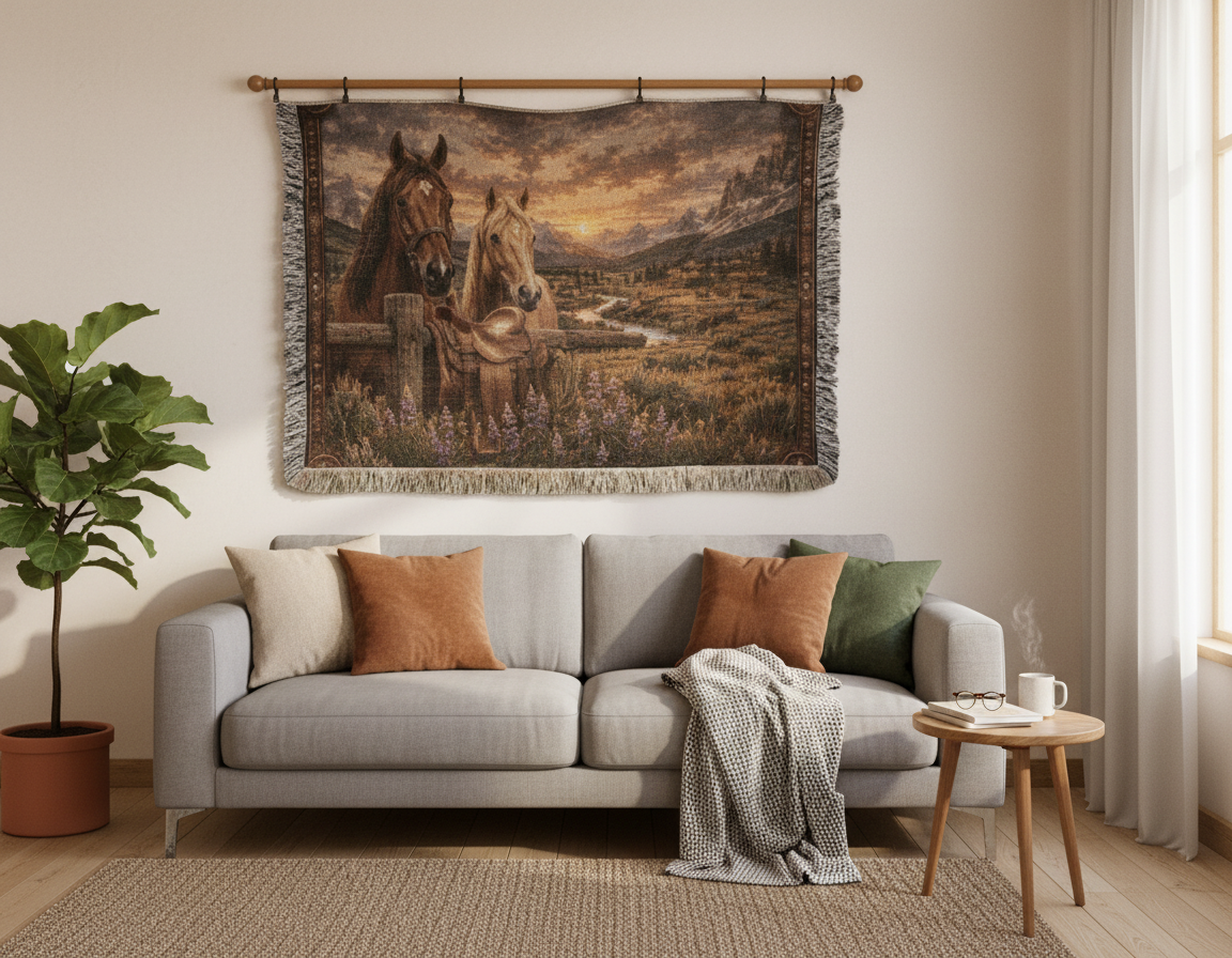 Western Horse & Saddle Throw | Rustic Ranch Decor | Mountain Sunset Blanket | Cowboy Gift