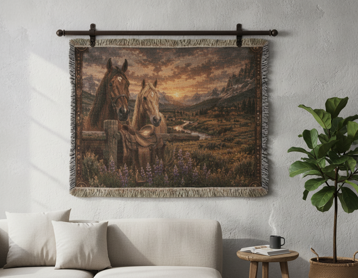 Western Horse & Saddle Throw | Rustic Ranch Decor | Mountain Sunset Blanket | Cowboy Gift
