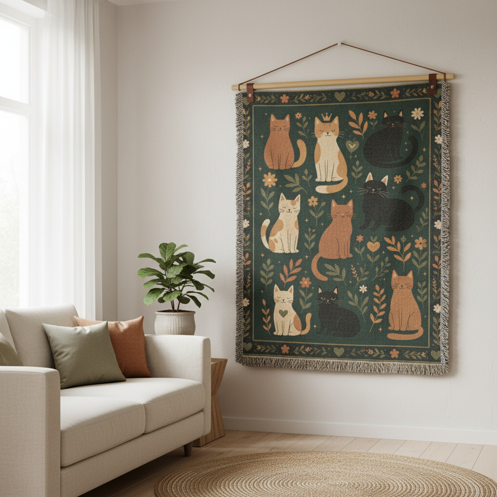 Whimsical Cat Woven Blanket | Folk Art Garden Throw