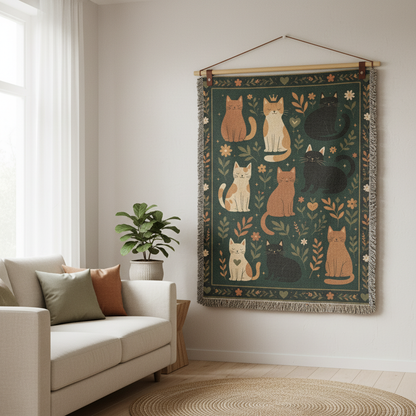 Whimsical Cat Woven Blanket | Folk Art Garden Throw