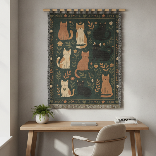 Whimsical Cat Garden Wall Art | Folk Art Cat Poster | Vintage Botanical Cat Print for Cat Lovers