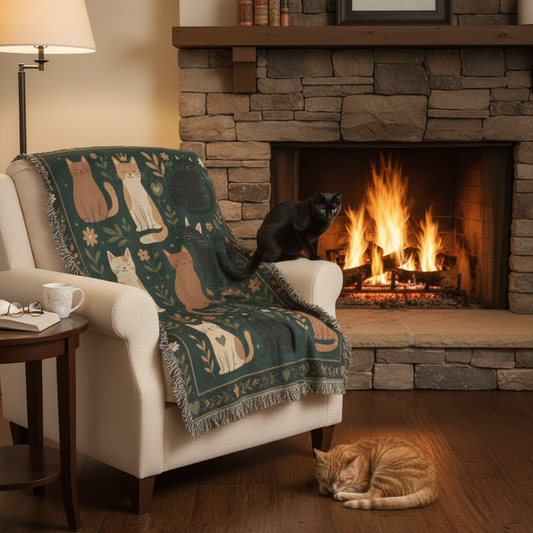 Whimsical Cat Woven Blanket | Folk Art Garden Throw